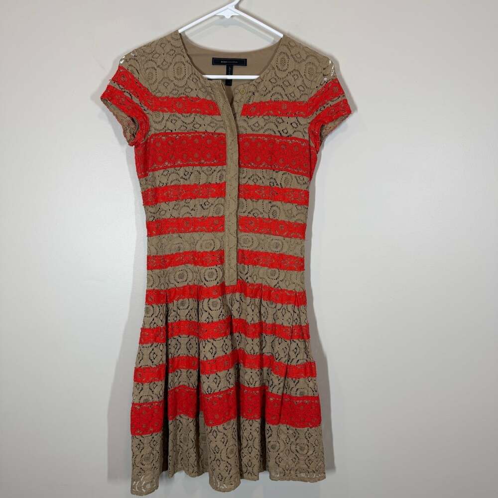 BCBGMAXAZRIA Women's Striped Lace Dress Size 0 Tan Red Short Sleeve